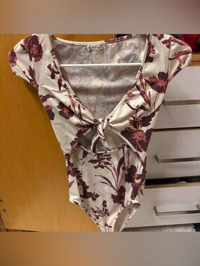 Free People Floral Tie-Front Bodysuit - Cream and Burgundy